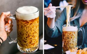 Las comidas más raras del mundo: salchichas de pescado y cerveza con fideos