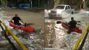 Aprovechó que se inundaron las calles de Mendoza y salió a divertirse en kayak