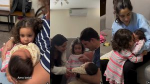 Video: el emotivo momento en que la hija mayor de un periodista de Canal 9 conoció a su hermanita