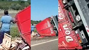 Video: se cortó la lanza de un camión y un acoplado con pimientos volcó en la Ruta 7