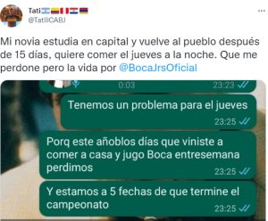 "¿Es joda? Hace 15 días no nos vemos": Trató de mufa a su novia y se negó a verla porque jugaba Boca